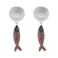 Boucles d’oreilles longues poissons émaillés – Style vintage océan, alliage texturé