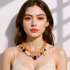 Collier cœur insecte baroque – Perles et chaîne épaisse rétro