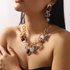 Parure perles & gemmes – Collier et boucles d’oreilles vintage