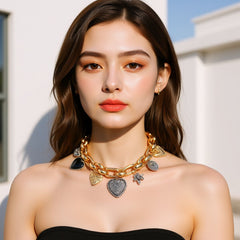 Collier pendentif cœur 3D fleur et scarabée – Style rétro chic