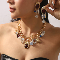 Parure perles & gemmes – Collier et boucles d’oreilles vintage