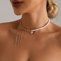 Collier ras-du-cou cœur en zircon et perles – style élégant et raffiné