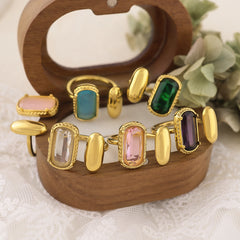 Parure élégante – Bague carrée, bracelet, collier et boucles d’oreilles avec zircon arc-en-ciel, plaqué or 18K