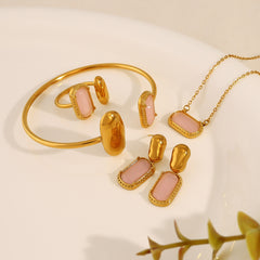 Parure élégante – Bague carrée, bracelet, collier et boucles d’oreilles avec zircon arc-en-ciel, plaqué or 18K