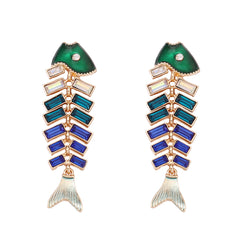 Boucles d’oreilles poisson articulé vintage – strass et alliage zinc