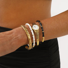 Bracelet-Montre Créatif en Acier Inoxydable Doré 18K – Style Minimaliste et Luxueux, Finition Goutte d’Huile, Ouvert