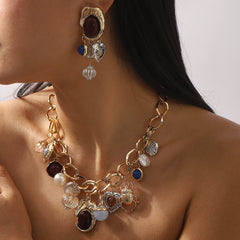 Parure perles & gemmes – Collier et boucles d’oreilles vintage