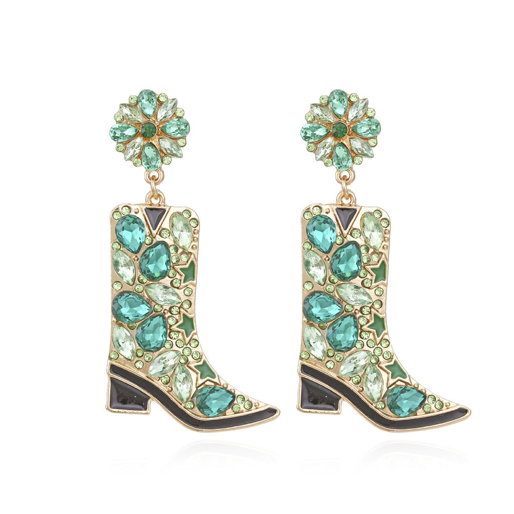 Boucles d’oreilles bottes florales incrustées de strass – style moderne et exagéré