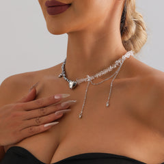 Collier ras-du-cou cœur et étoile de mer – perles en verre et pierre noire