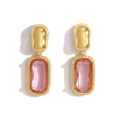 Parure élégante – Bague carrée, bracelet, collier et boucles d’oreilles avec zircon arc-en-ciel, plaqué or 18K