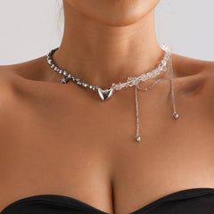 Collier ras-du-cou cœur et étoile de mer – perles en verre et pierre noire