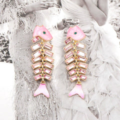 Boucles d’oreilles poisson articulé vintage – strass et alliage zinc