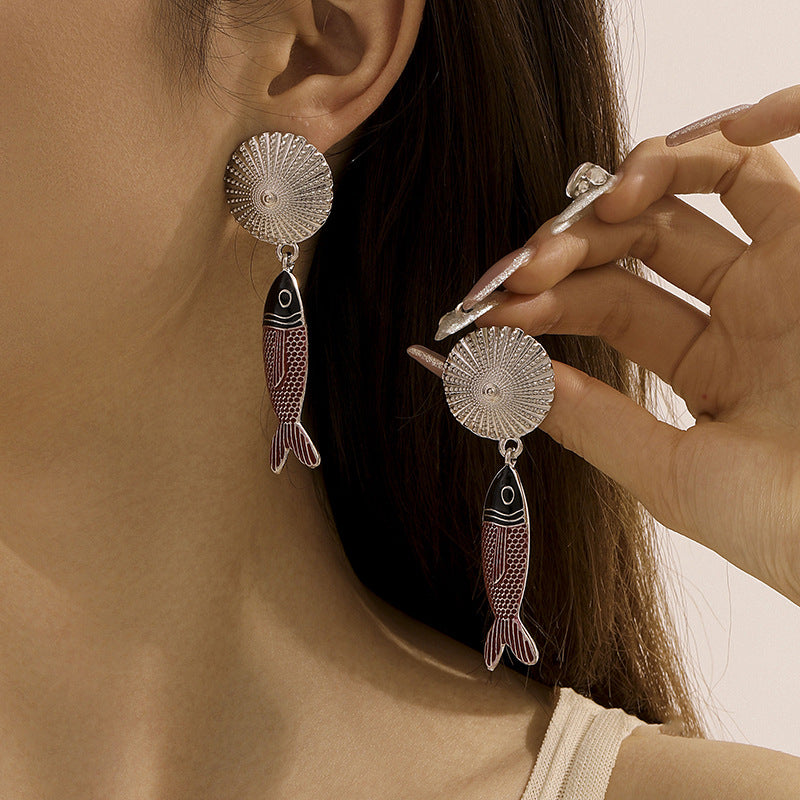 Boucles d’oreilles longues poissons émaillés – Style vintage océan, alliage texturé