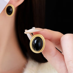 Boucle d’oreille femme Vintage – Métal noir ovale, style rétro, argenté