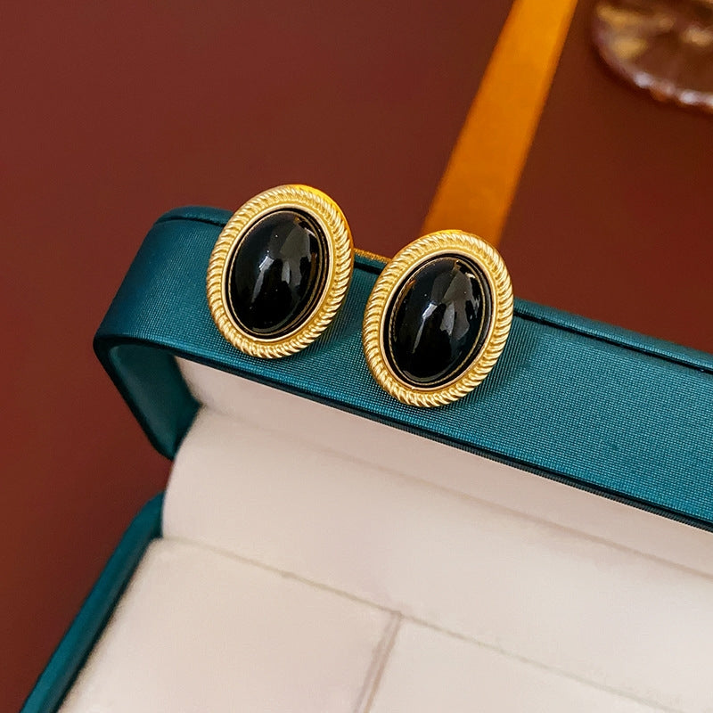 Boucle d’oreille femme Vintage – Métal noir ovale, style rétro, argenté