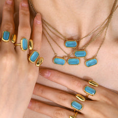 Parure élégante – Bague carrée, bracelet, collier et boucles d’oreilles avec zircon arc-en-ciel, plaqué or 18K